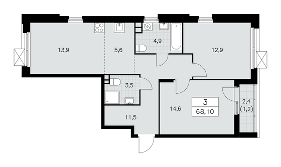 68,1 м², своб. планировка, 3/14 этаж