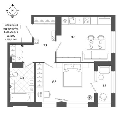 48,7 м², 1-комн. квартира, 6/18 этаж