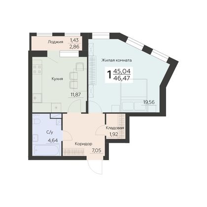 Продажа 1-комнатной квартиры 46,5 м², 5 этаж