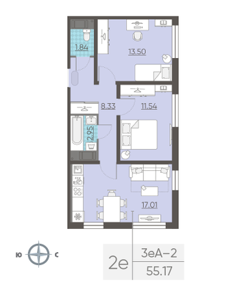 Продажа 2-комнатной квартиры 55,2 м², 4/25 этаж
