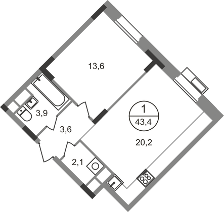 43,4 м², 1-комн. квартира, 3/9 этаж