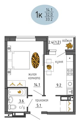 33,2 м², 1-комн. квартира, 6/25 этаж