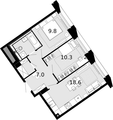 51,8 м², 2-комн. квартира, 19/21 этаж