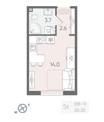 Продажа квартиры-студии 20,3 м², 2/19 этаж