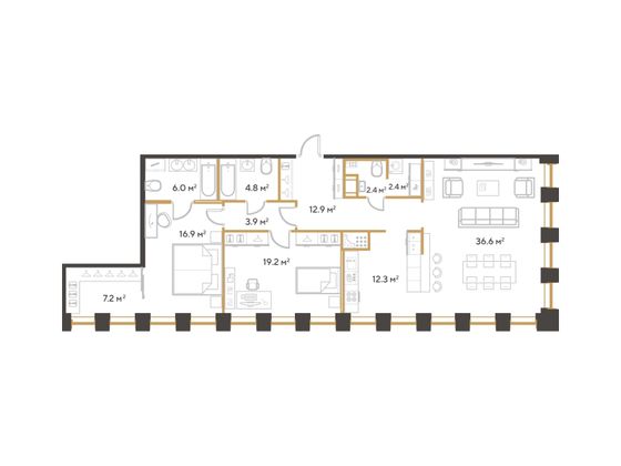 124,6 м², 2-комн. квартира, 4/20 этаж