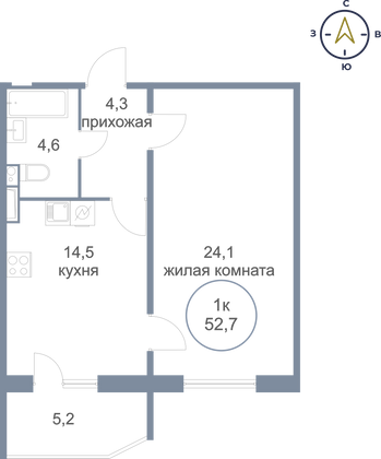 52,7 м², 1-комн. квартира, 14/21 этаж