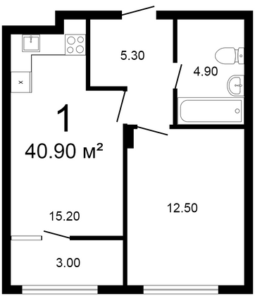 41,1 м², 1-комн. квартира, 1/10 этаж