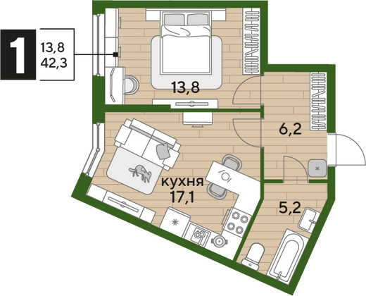 Продажа 1-комнатной квартиры 42,3 м², 2/19 этаж