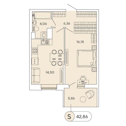 42,9 м², 1-комн. квартира, 10/12 этаж