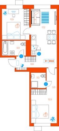 59,6 м², 2-комн. квартира, 8/21 этаж