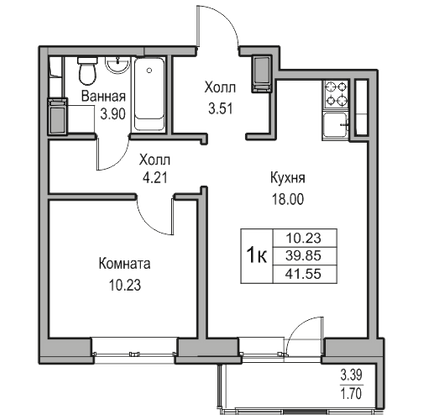 Продажа 1-комнатной квартиры 39,8 м², 18/23 этаж