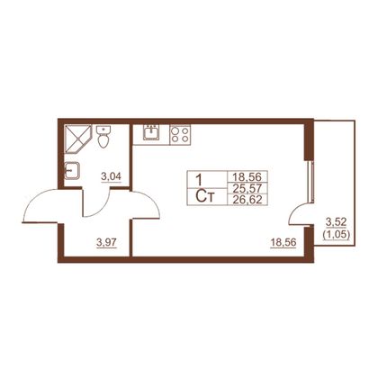 26,6 м², 1-комн. квартира, 10/11 этаж