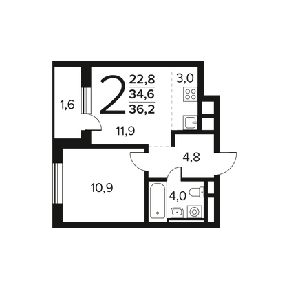 36,2 м², 2-комн. квартира, 8/12 этаж