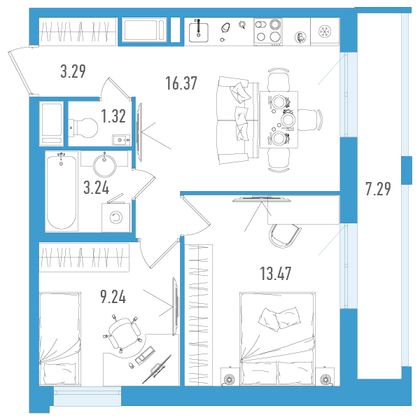 49,1 м², 2-комн. квартира, 4/25 этаж