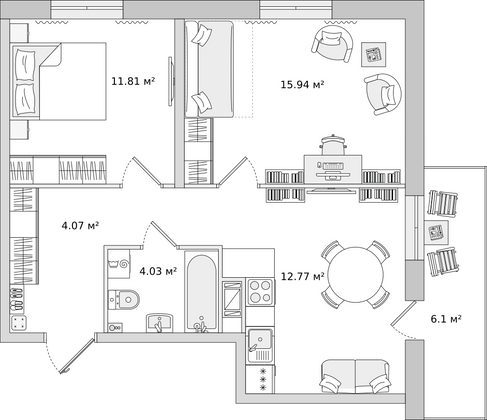 61,3 м², 2-комн. квартира, 6/22 этаж