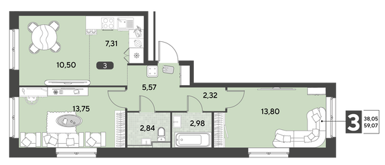 Продажа 3-комнатной квартиры 59,1 м², 2/25 этаж