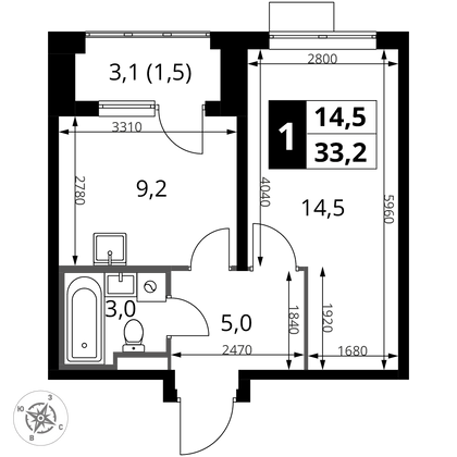 33,2 м², 1-комн. квартира, 7/24 этаж