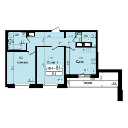 64,3 м², 2-комн. квартира, 22/23 этаж