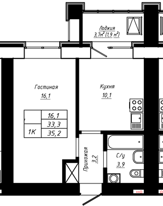 Продажа 1-комнатной квартиры 35,2 м², 8/16 этаж