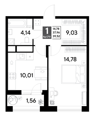 Продажа 1-комнатной квартиры 39,5 м², 15/25 этаж