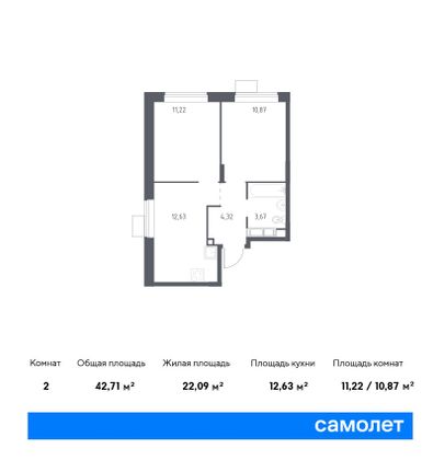 42,7 м², 2-комн. квартира, 18/22 этаж