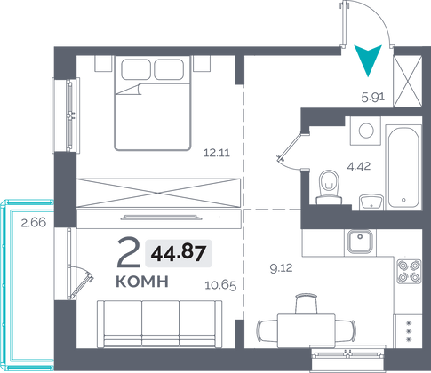 44,9 м², 2-комн. квартира, 13/15 этаж