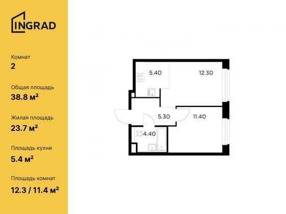 38,8 м², 2-комн. квартира, 4/17 этаж