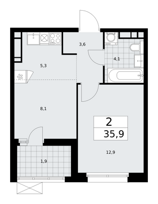 35,9 м², 2-комн. квартира, 15/17 этаж