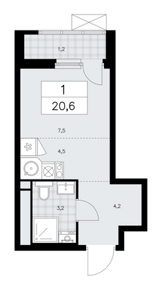 20,6 м², своб. планировка, 16/16 этаж