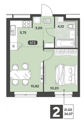 Продажа 2-комнатной квартиры 34,1 м², 5/25 этаж