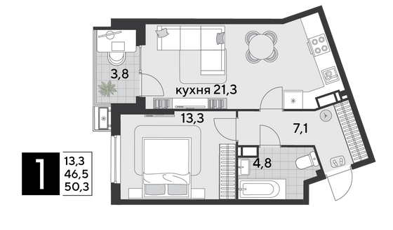 Продажа 1-комнатной квартиры 50,3 м², 13/18 этаж