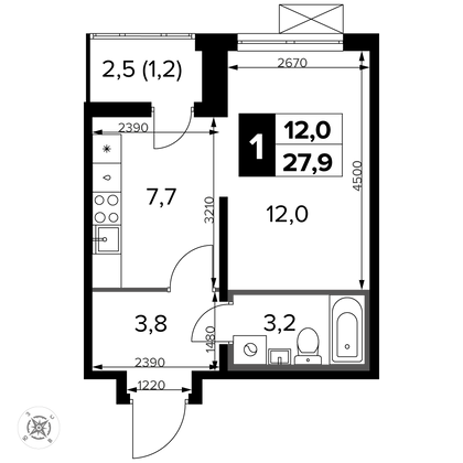 27,9 м², 1-комн. квартира, 14/14 этаж