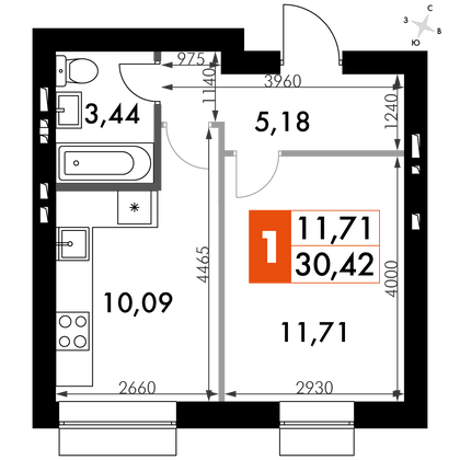 30 м², 1-комн. квартира, 3/4 этаж