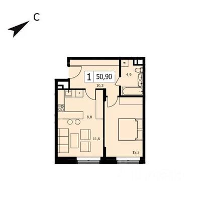 Продажа 1-комнатной квартиры 50,9 м², 4/9 этаж