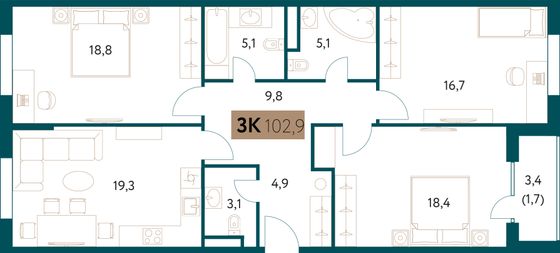 102,8 м², 4-комн. квартира, 4/28 этаж