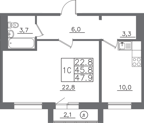 Продажа 1-комнатной квартиры 47,9 м², 11/14 этаж