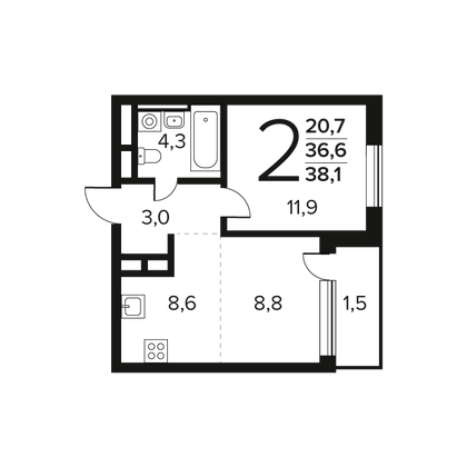Продажа 2-комнатной квартиры 38,1 м², 2/11 этаж