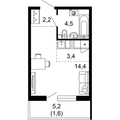 26,1 м², 1-комн. квартира, 1/17 этаж