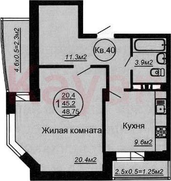 Продажа 1-комнатной квартиры 45,5 м², 6/6 этаж