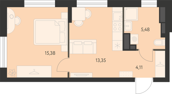 38,3 м², 1-комн. квартира, 3 этаж