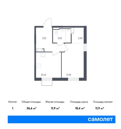 36,6 м², 1-комн. квартира, 5/9 этаж