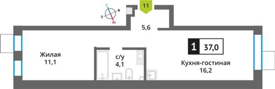Продажа 1-комнатной квартиры 37 м², 2/9 этаж