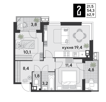 62,9 м², 2-комн. квартира, 8/9 этаж