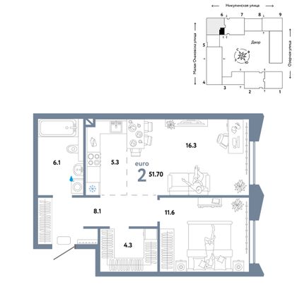 51,7 м², 2-комн. квартира, 13/30 этаж