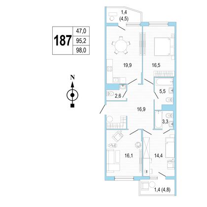 Продажа 3-комнатной квартиры 97,9 м², 4/8 этаж