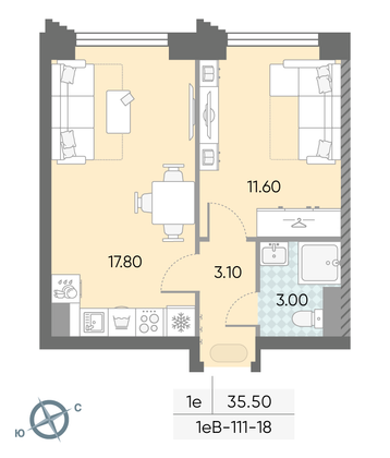 Продажа 1-комнатной квартиры 35,5 м², 18/58 этаж