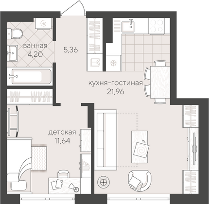 43,2 м², 1-комн. квартира, 2/4 этаж