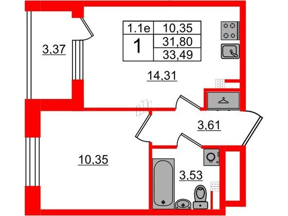 Продажа 1-комнатной квартиры 31,8 м², 3/5 этаж