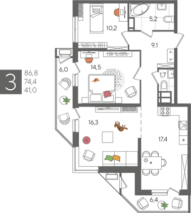 Продажа 3-комнатной квартиры 86,8 м², 14/24 этаж