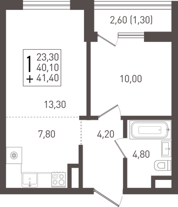 41,4 м², 1-комн. квартира, 1/8 этаж